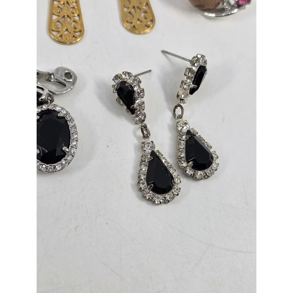 Vintage Costume Earring Lot 9 Pairs Cameo Heart Rhinestone Dangle‎ Clip On Post